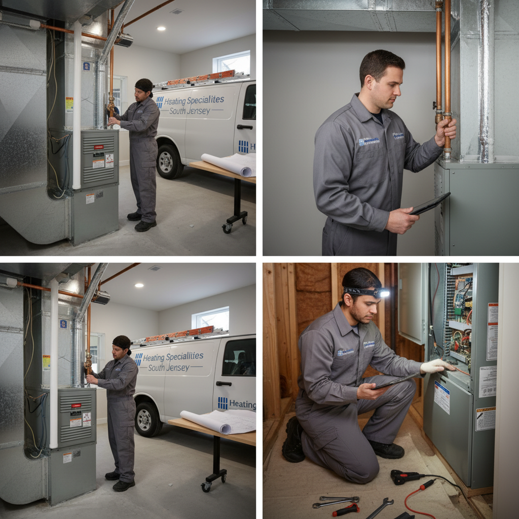 Heating Specialties professional inspecting a residential heating unit in Atlantic County, South Jersey.