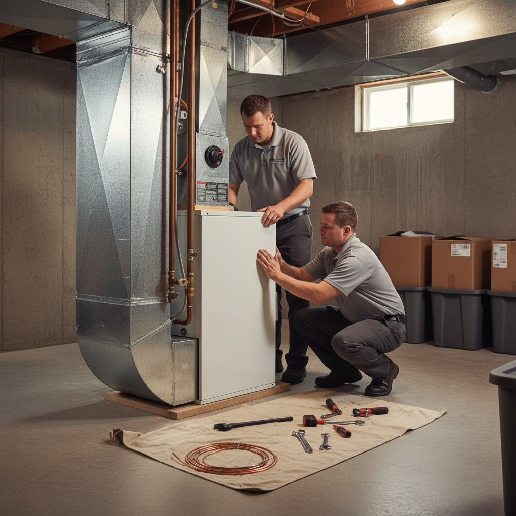 Heating Specialties professional installing a new furnace for optimal heating in Atlantic County, South Jersey.