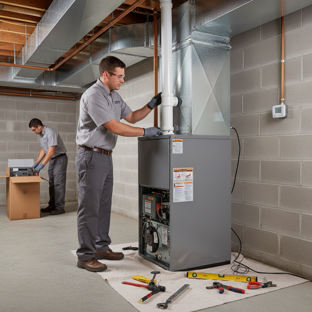 Heating Specialties professional installing a new furnace in a Gloucester County, South Jersey residence.