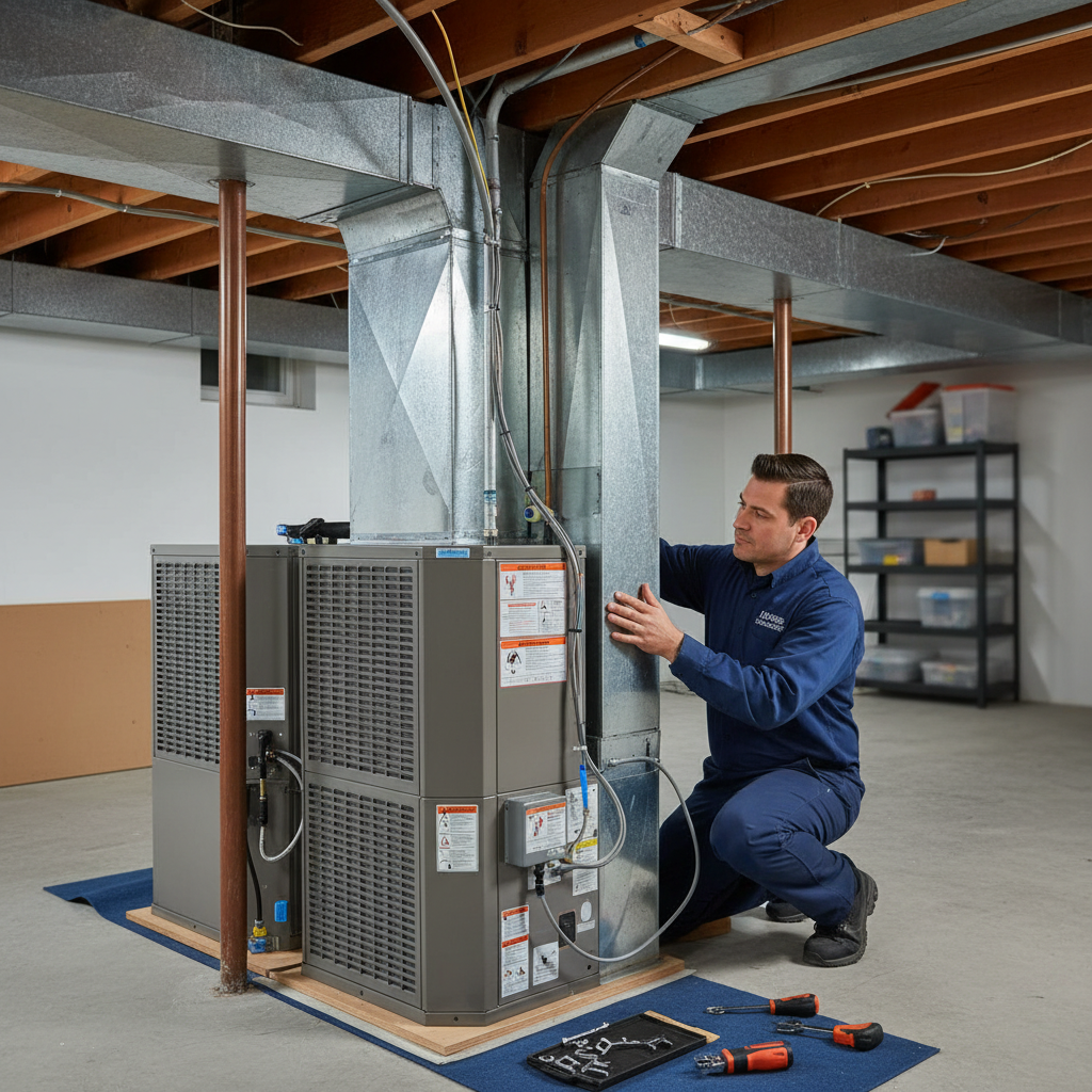 Heating Specialties professional installing a new HVAC system in Cumberland County, South Jersey.