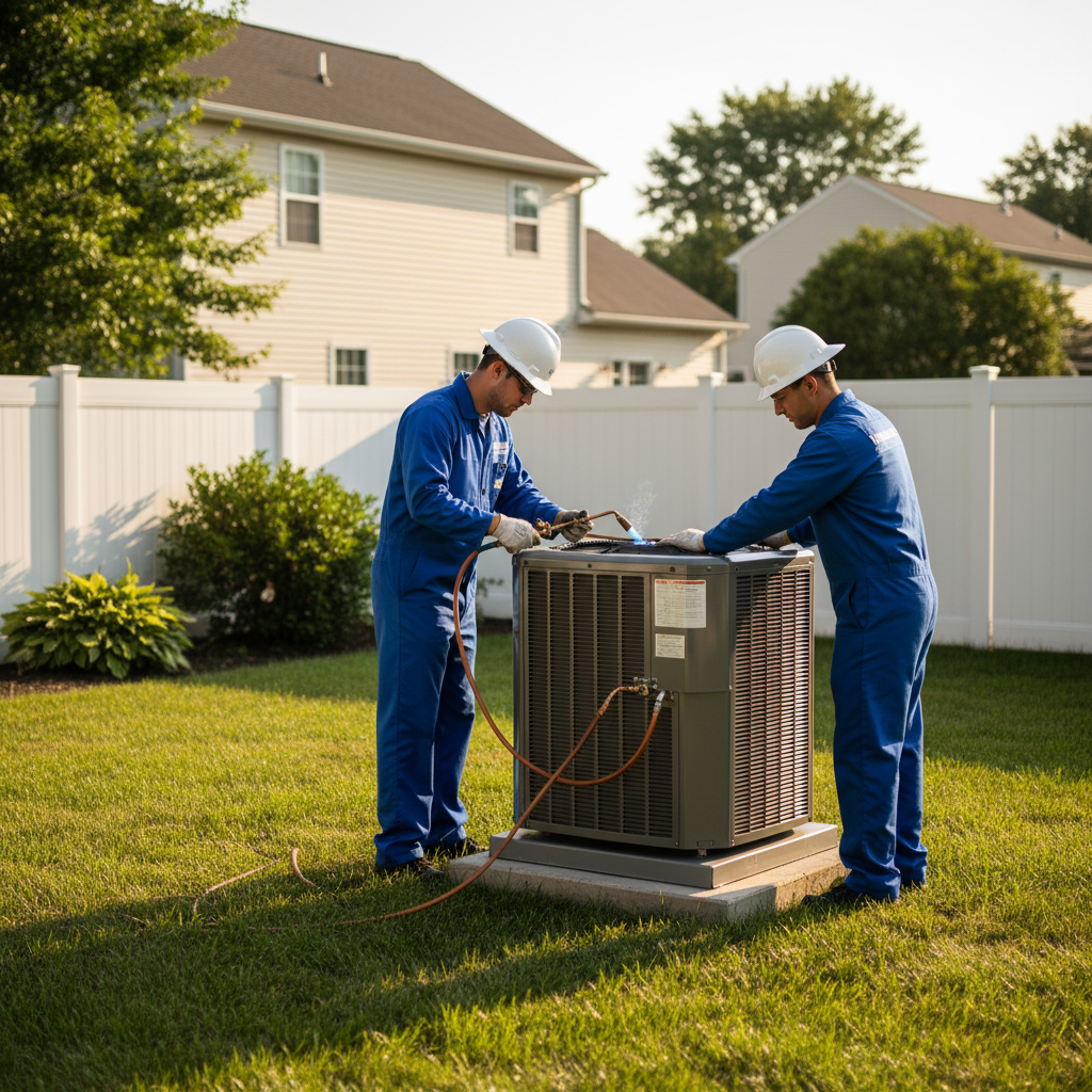 Heating Specialties professional installing a new outdoor AC unit in a South Jersey backyard.