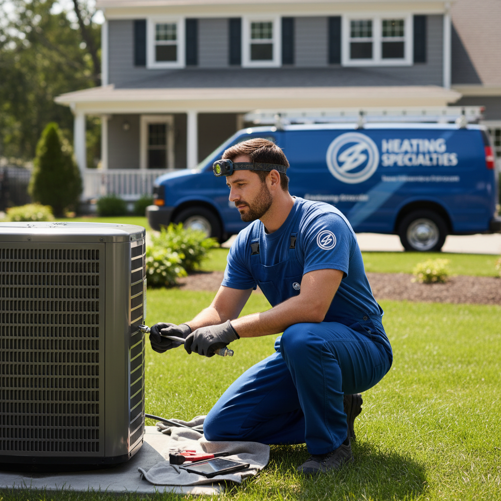 Heating Specialties professional servicing an outdoor AC unit in Cumberland County, South Jersey.