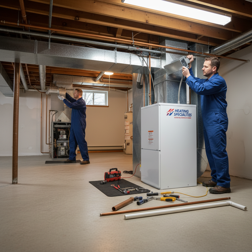 Heating Specialties team installing a new furnace in an Atlantic County, South Jersey residence.