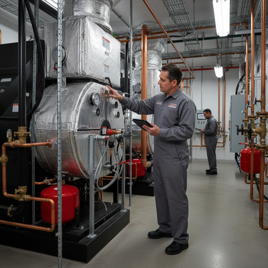 Heating Specialties technician inspecting a commercial boiler system in Gloucester County, South Jersey.