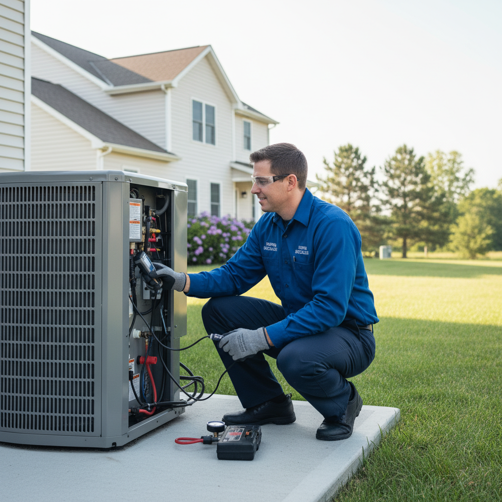 Heating Specialties technician inspecting a heat pump for a client in South Jersey.