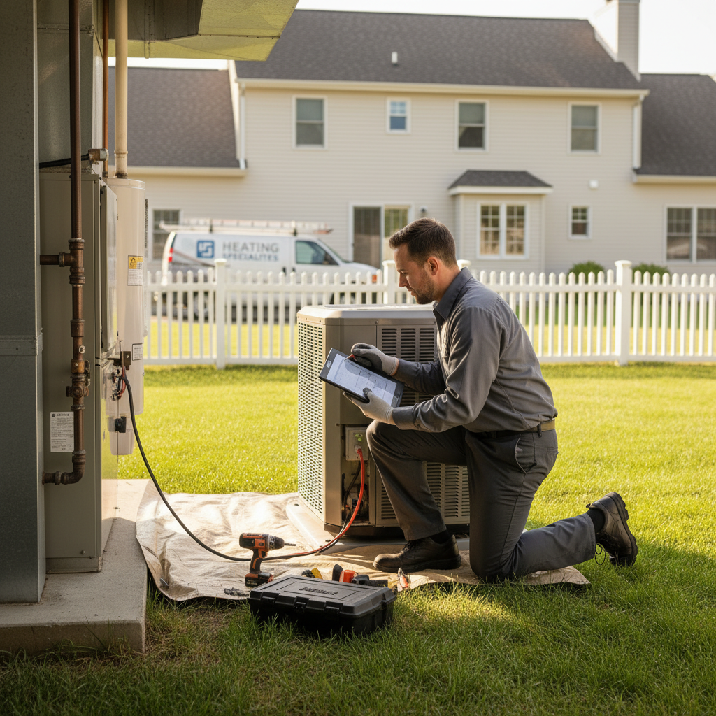 Heating Specialties technician inspecting an outdoor AC unit in Cumberland, Atlantic, Gloucester, Cape May, or Salem County, NJ.
