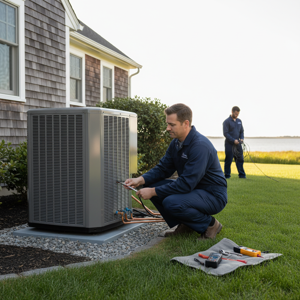 Heating Specialties technician installing a new air conditioning unit outside a South Jersey residence.