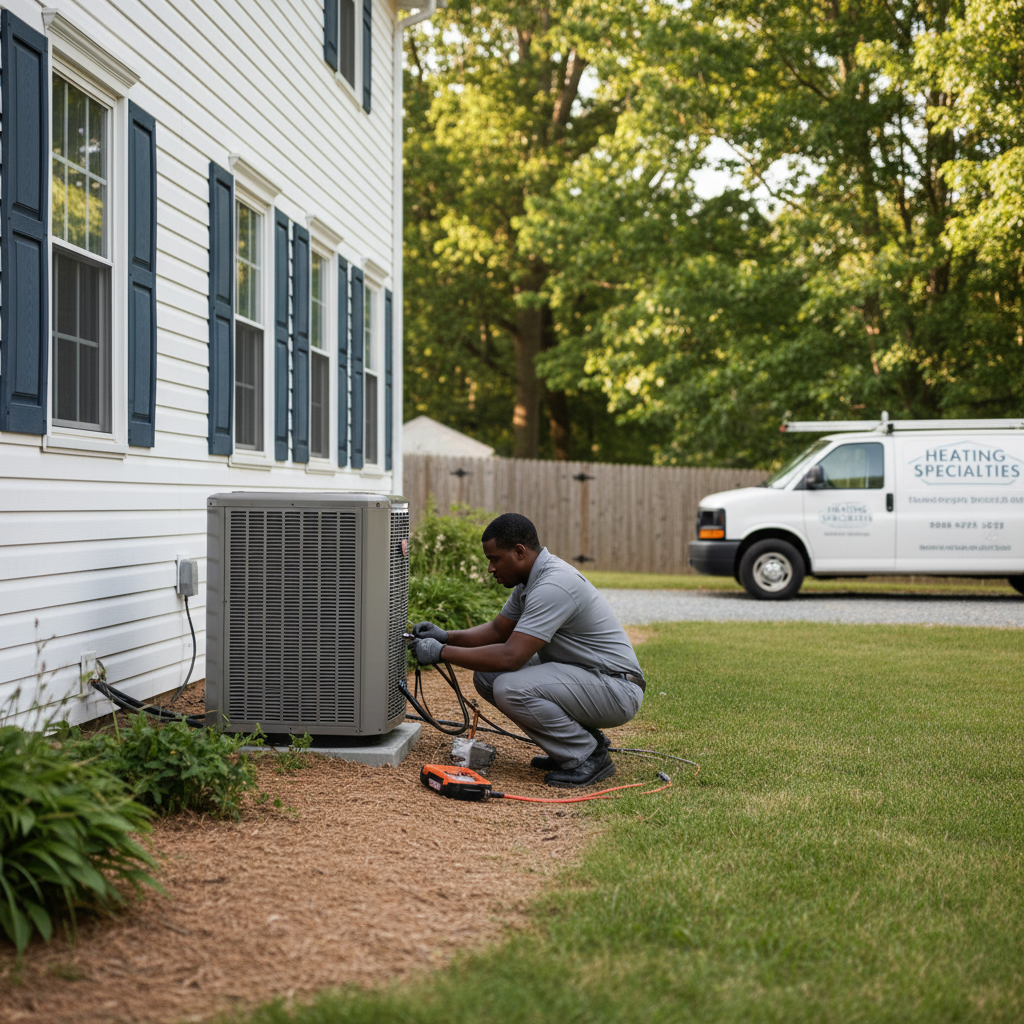 Heating Specialties technician installing a new air conditioning unit outside a South Jersey residence.