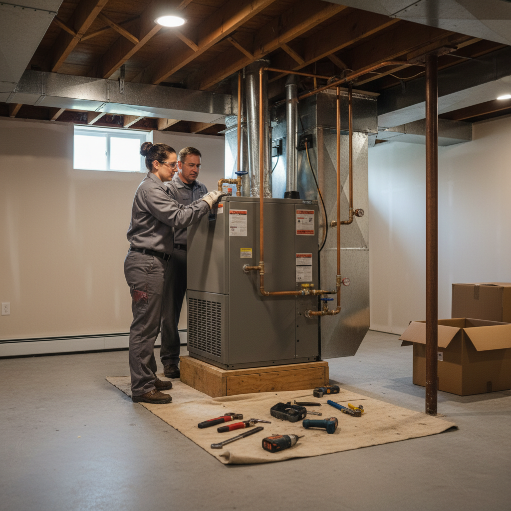 Heating Specialties technician installing a new furnace in a residential basement in Gloucester County, South Jersey.