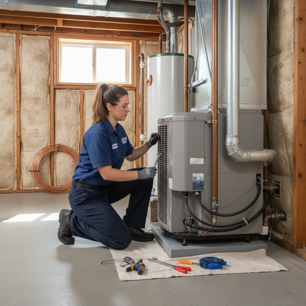 Heating Specialties technician installing a new heating unit in a Gloucester County, NJ, basement.