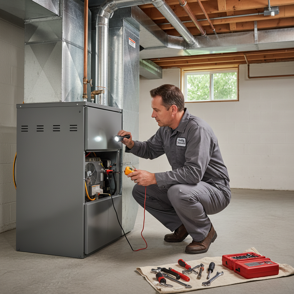 Heating Specialties technician performing a thorough furnace inspection in a Gloucester County, South Jersey home.