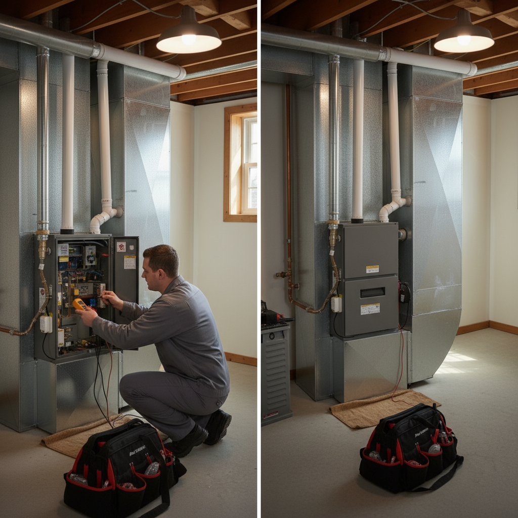 Heating Specialties technician performing a thorough furnace inspection in an Atlantic County, South Jersey residence.