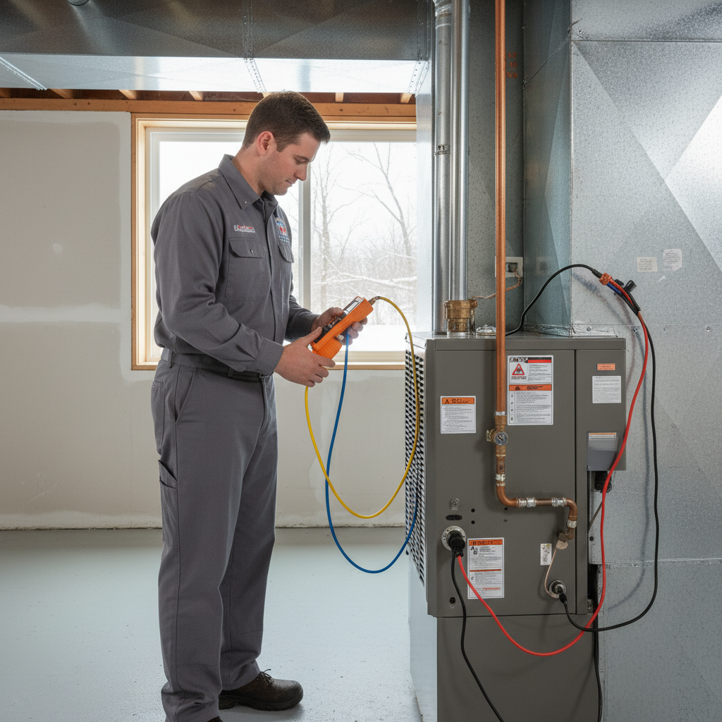 Heating Specialties technician performing a thorough inspection in a Cumberland County, South Jersey residence.