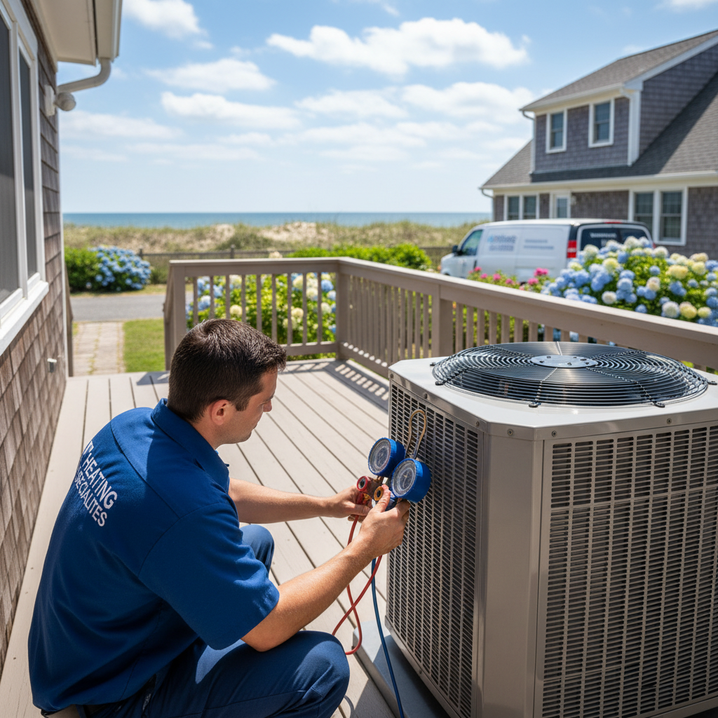 Heating Specialties technician performing an air conditioning repair on an outdoor unit in Cape May, South Jersey.