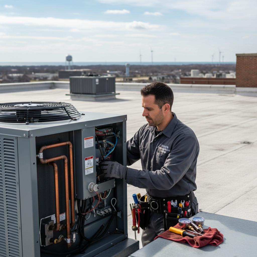 Heating Specialties technician performing HVAC system maintenance in an Atlantic County, South Jersey, commercial building.