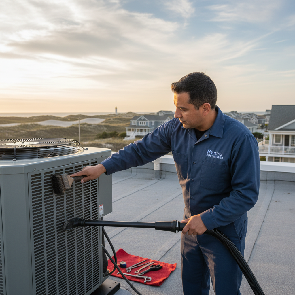 Heating Specialties technician performing routine HVAC maintenance on a residential unit in South Jersey, serving Cumberland, Atlantic, Gloucester, Cape May, and Salem counties.