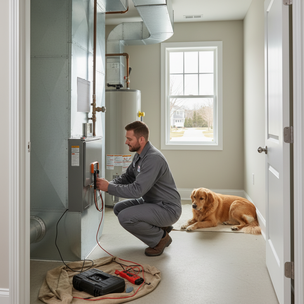 Heating Specialties technician repairing a heating system in an Atlantic County, South Jersey residence.