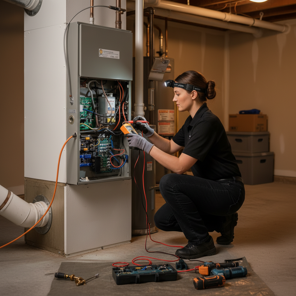 Heating Specialties technician repairing an air conditioning unit in Cumberland County, South Jersey.
