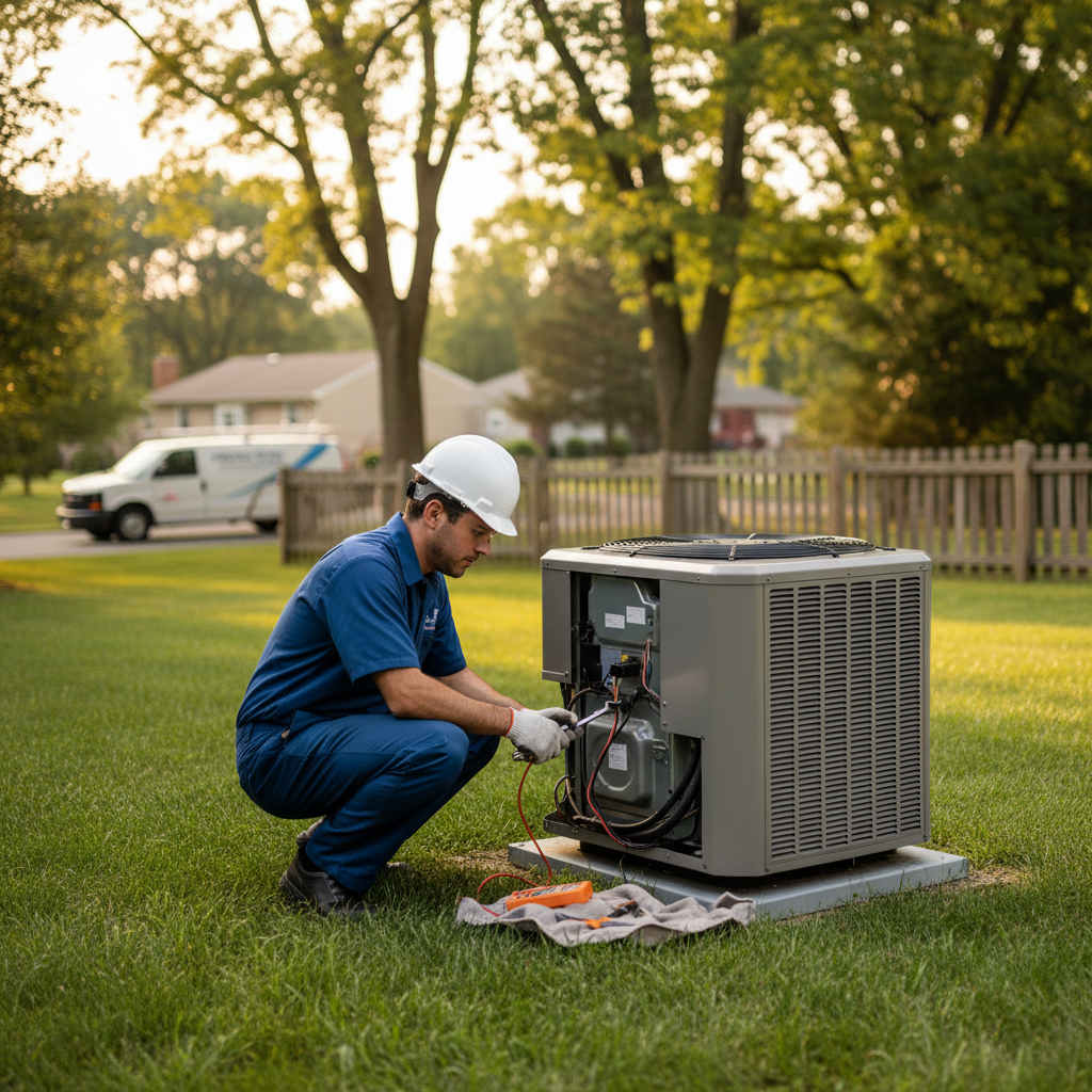 Heating Specialties technician repairing an outdoor air conditioning unit in Gloucester County, South Jersey.