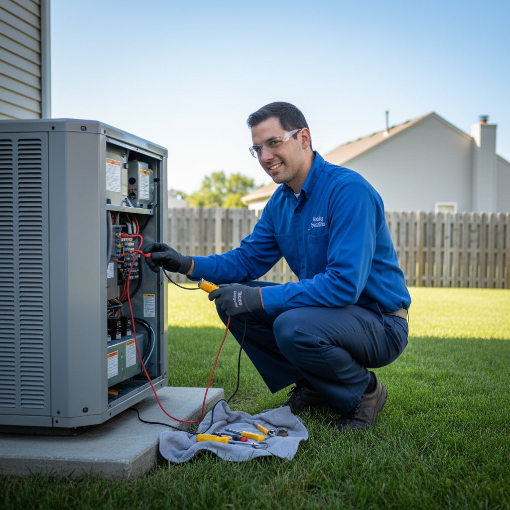 Heating Specialties technician repairing an outdoor air conditioning unit in South Jersey's Gloucester County.