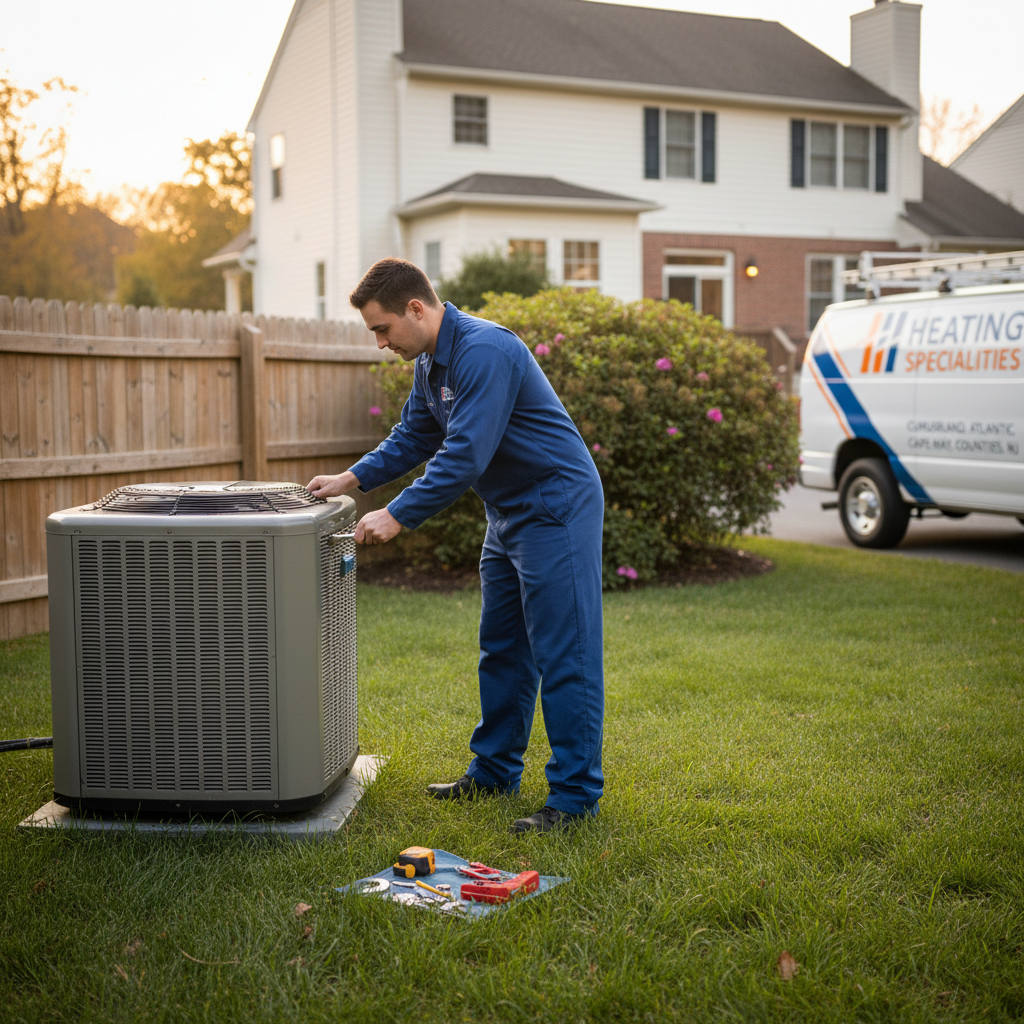 Heating Specialties technician servicing an outdoor AC unit in Cumberland County, South Jersey.