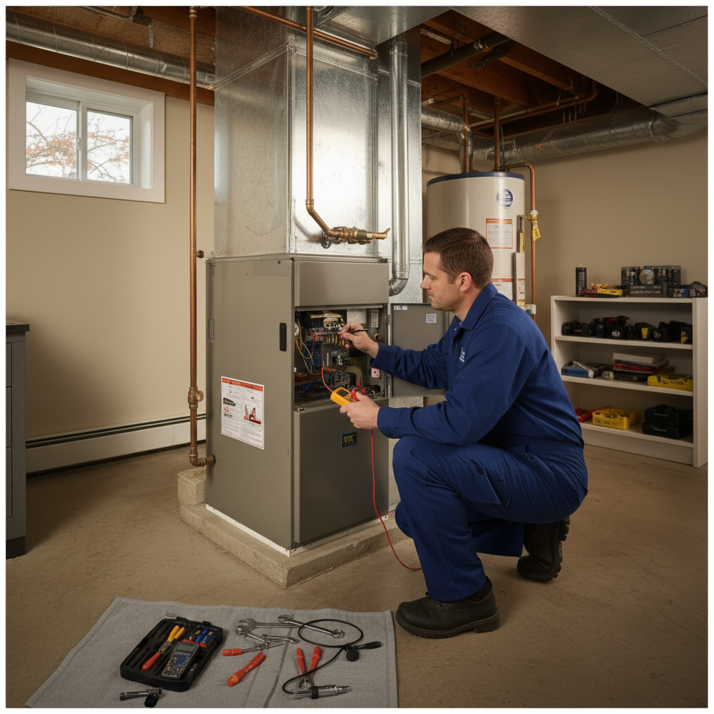 HVAC specialist from Heating Specialties adjusting a smart thermostat in a South Jersey living room.