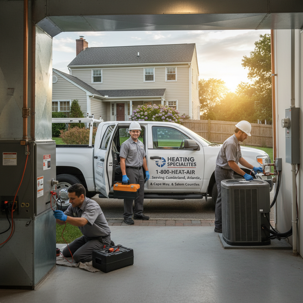 HVAC technician from Heating Specialties performing furnace maintenance in a South Jersey home.