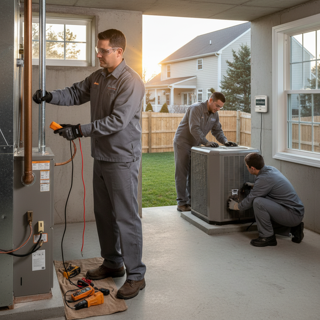 HVAC technician from Heating Specialties performing furnace repair in a South Jersey home.