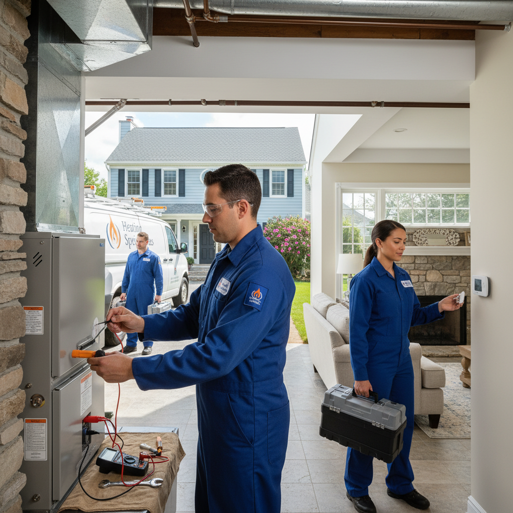 HVAC technician from Heating Specialties performing furnace maintenance in a South Jersey home.