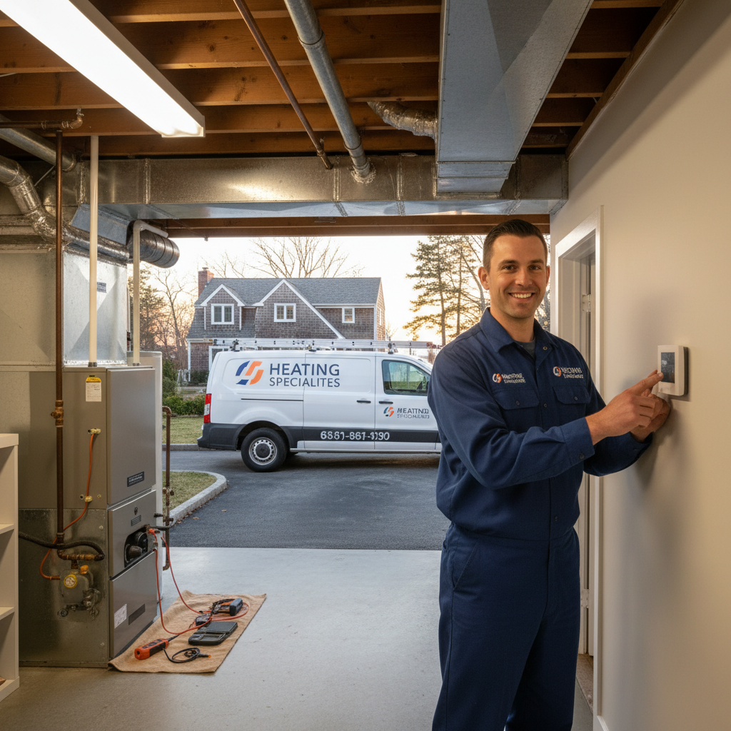 HVAC technician from Heating Specialties servicing a furnace in a South Jersey home.