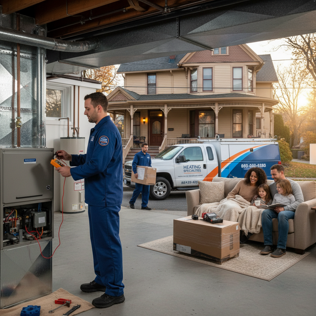 HVAC technician from Heating Specialties servicing a furnace in a South Jersey home.