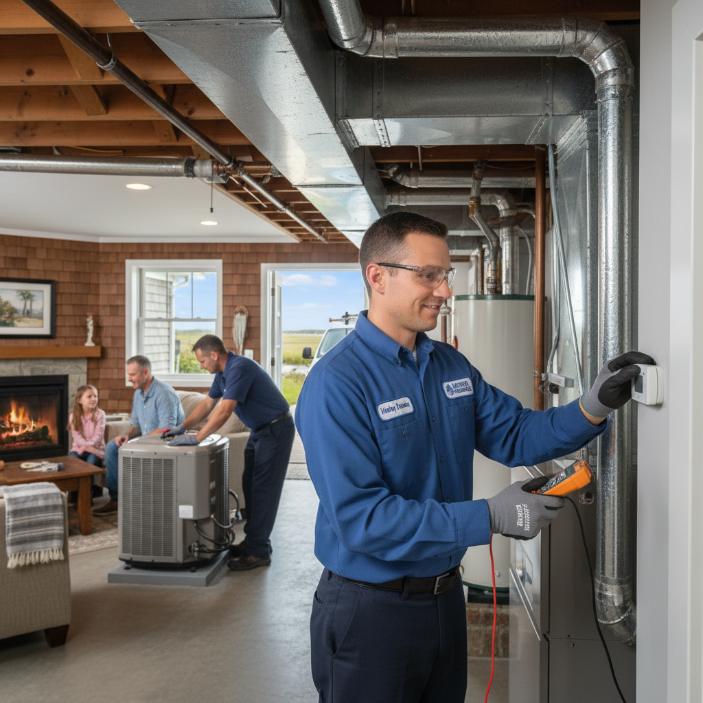 HVAC technician from Heating Specialties servicing a furnace in a South Jersey home.