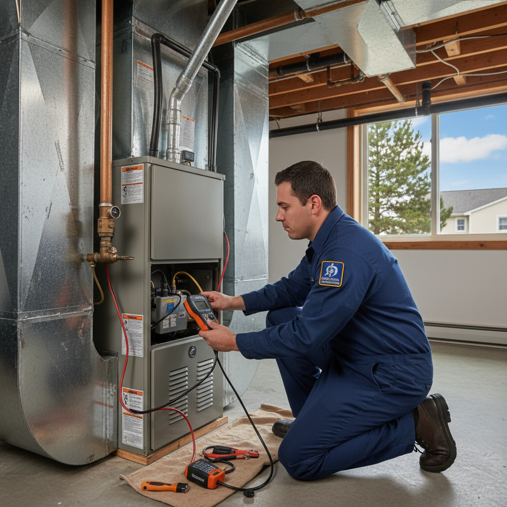 HVAC technician from Heating Specialties servicing a furnace in a South Jersey home.