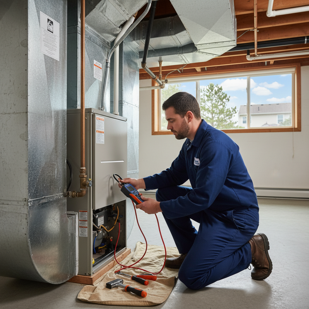 HVAC technician from Heating Specialties servicing a furnace in a South Jersey home.