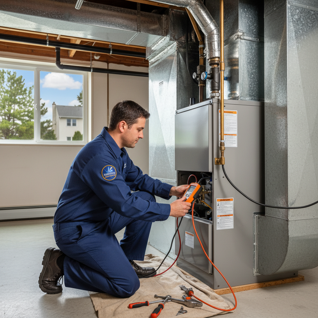 HVAC technician from Heating Specialties servicing a furnace in a South Jersey home.