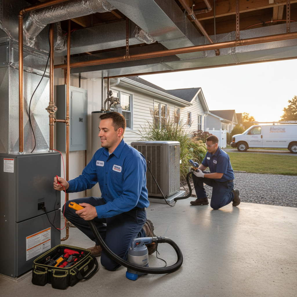 HVAC technician from Heating Specialties servicing a furnace in a South Jersey home.