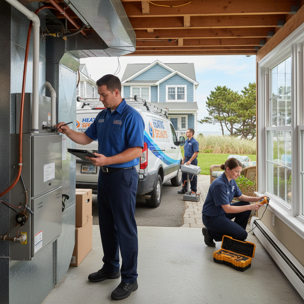 HVAC technician from Heating Specialties servicing a modern furnace in a South Jersey home.