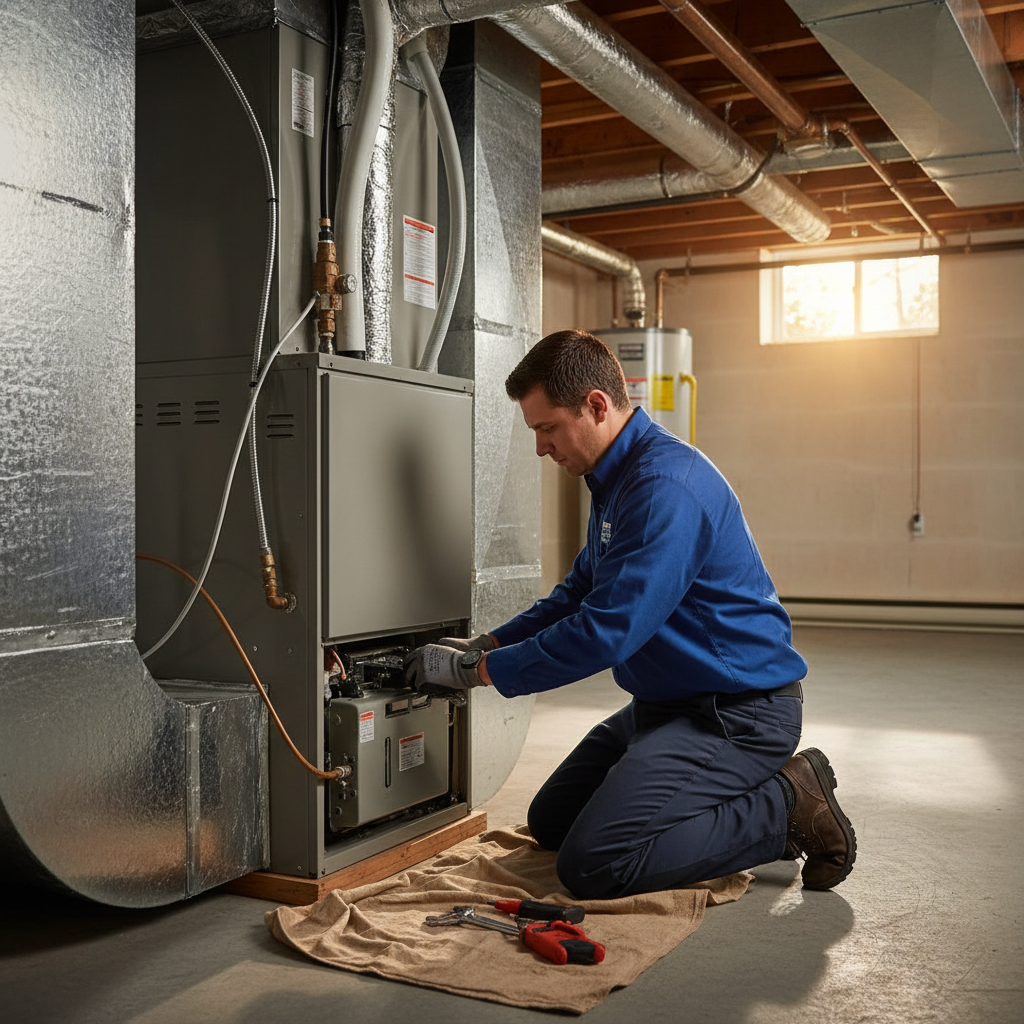 HVAC technician from Heating Specialties servicing a modern furnace in a South Jersey home.