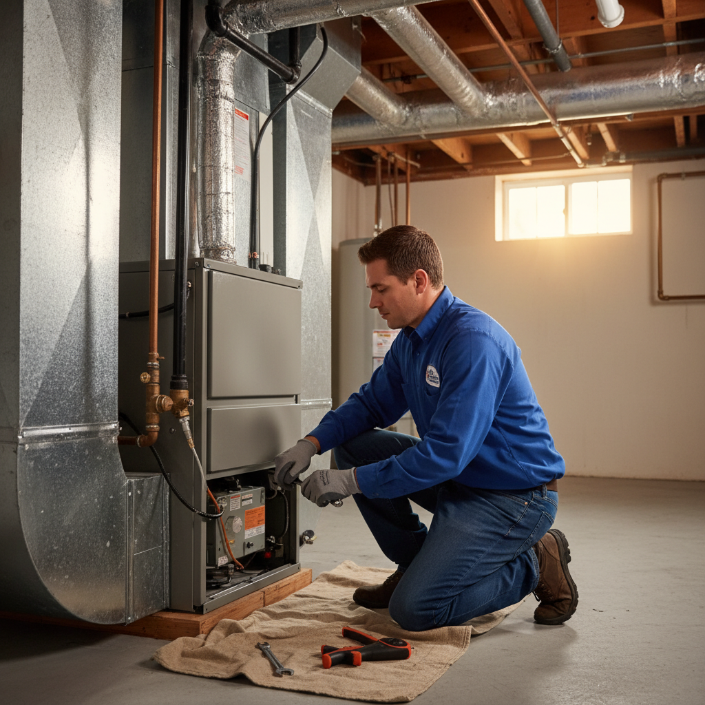 HVAC technician from Heating Specialties servicing a modern furnace in a South Jersey home.
