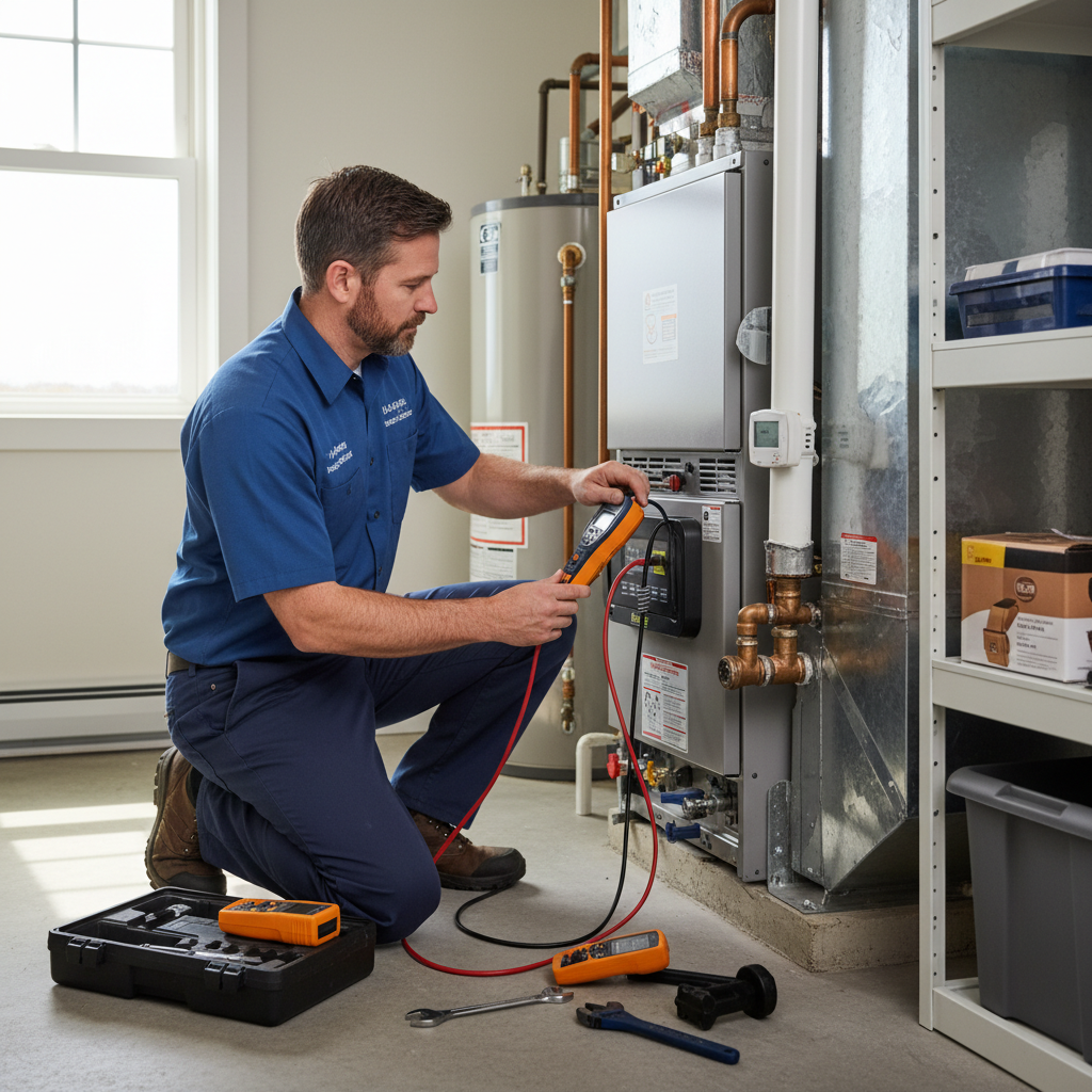 HVAC technician servicing a furnace in a South Jersey home in Cumberland County.