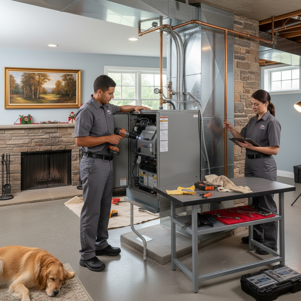 Professional HVAC team checking a furnace, ensuring optimal heating system performance for homes throughout Cumberland, Atlantic, Gloucester, Cape May, and Salem counties in South Jersey.