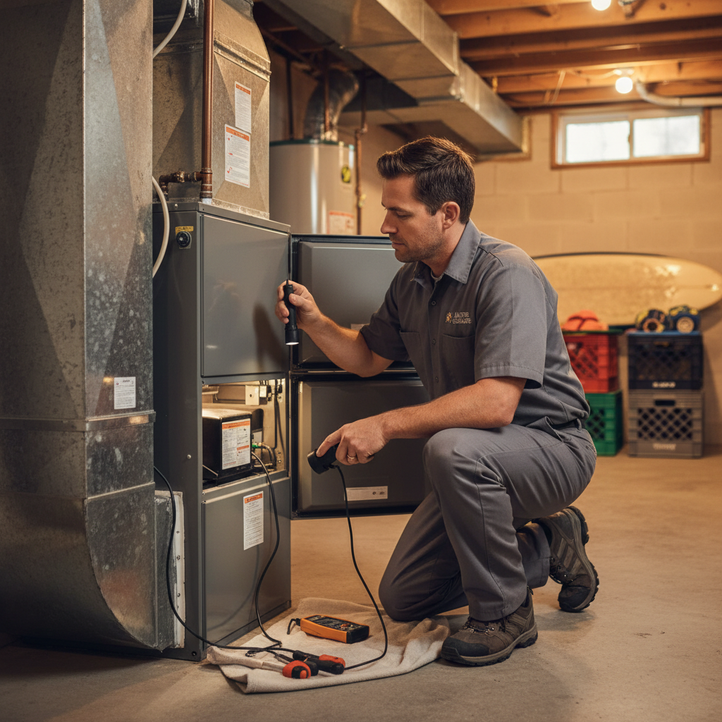 Skilled heating specialist performing a furnace inspection in a Cape May County, South Jersey home.