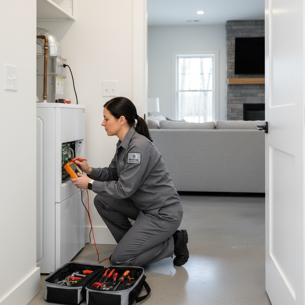 Skilled heating specialist performing a routine furnace check in a South Jersey home, serving Cape May and Salem counties.
