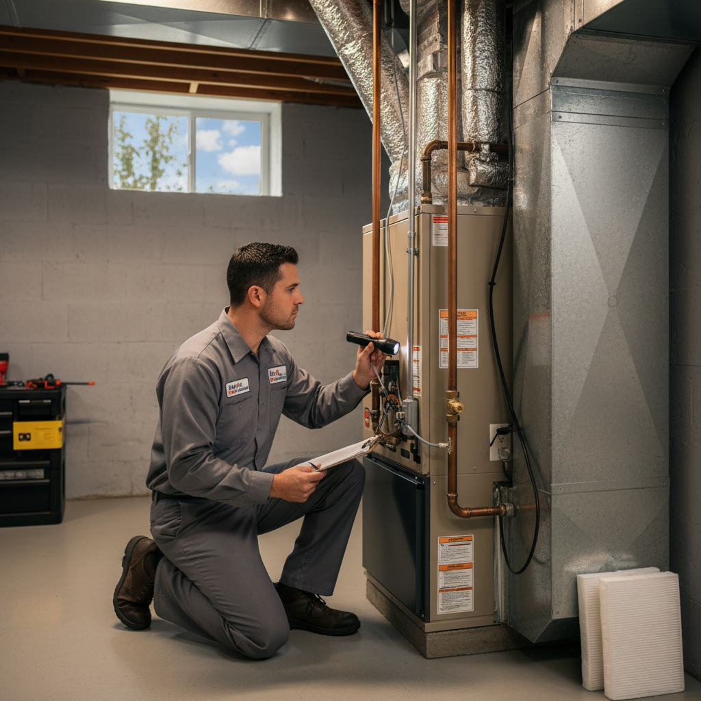 Skilled heating specialist performing a routine inspection on a modern heating system in a South Jersey residence, serving Cumberland, Atlantic, Gloucester, Cape May, and Salem counties.