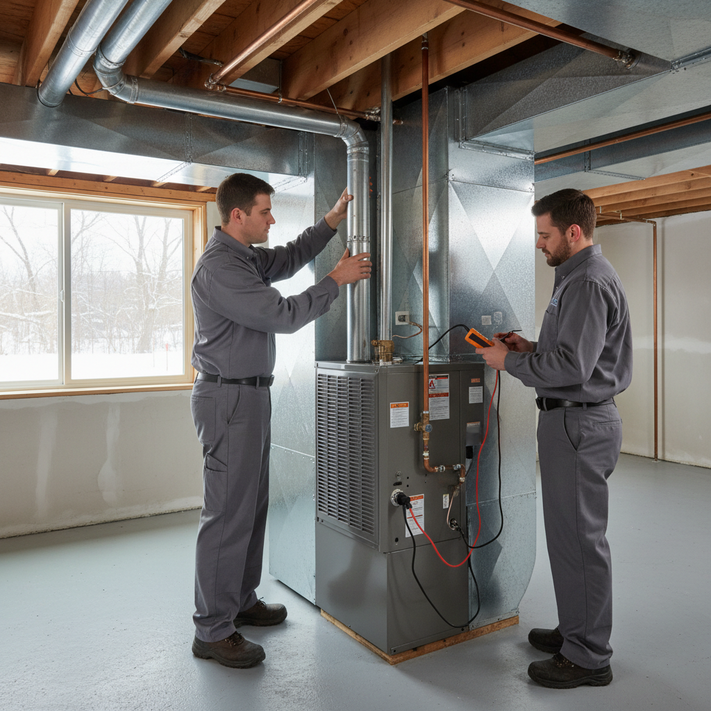 Skilled heating specialists installing a new furnace in a Salem County, South Jersey home.