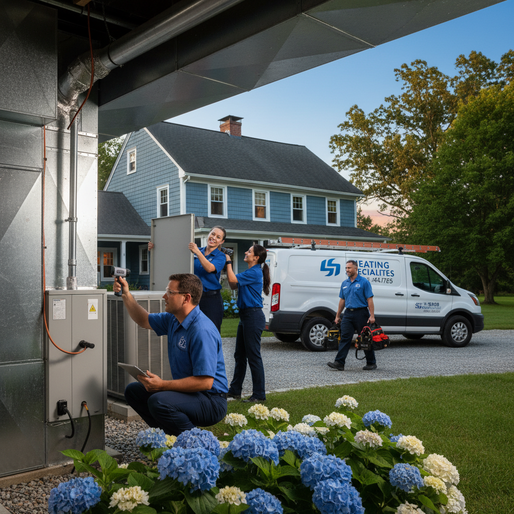 Skilled Heating Specialties technician inspecting a furnace in a South Jersey home, ensuring warmth across Cumberland, Atlantic, and Gloucester counties.