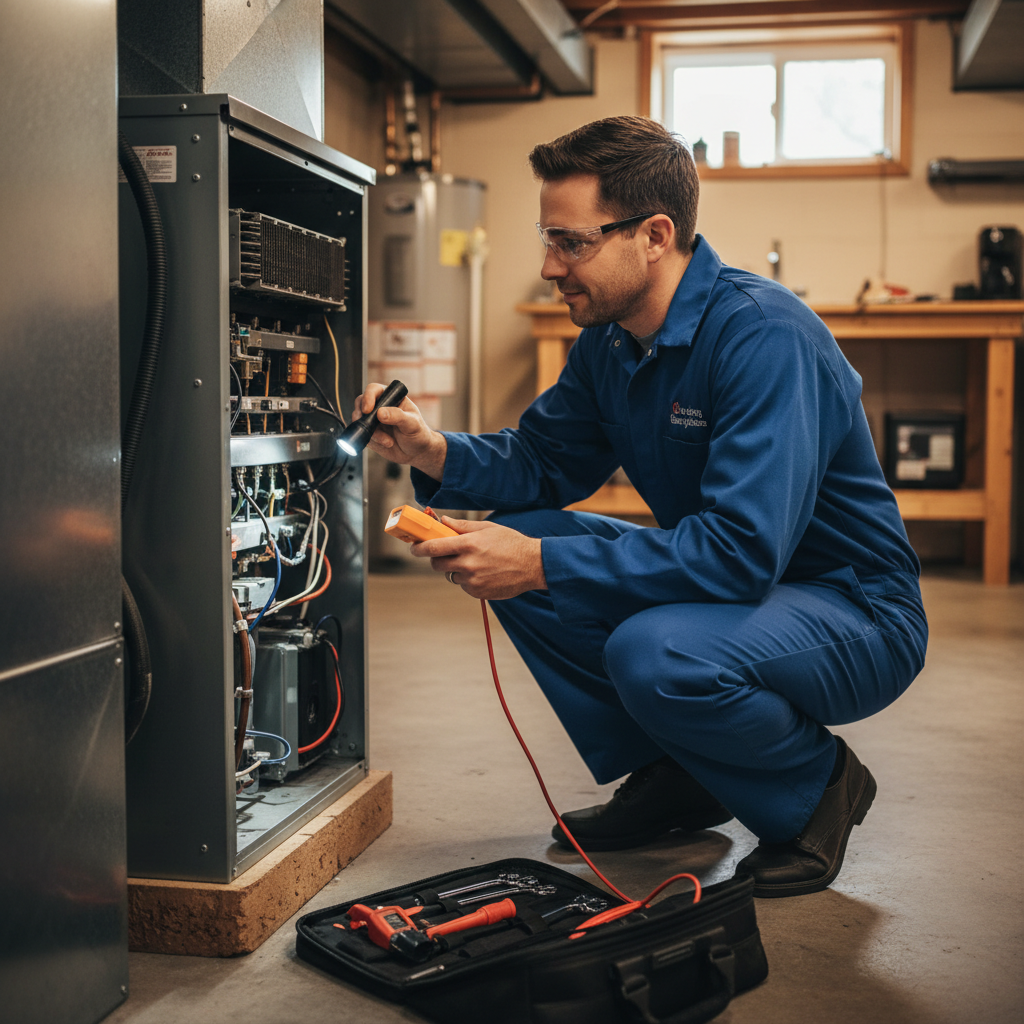 Skilled Heating Specialties technician inspecting a furnace in a South Jersey residence.