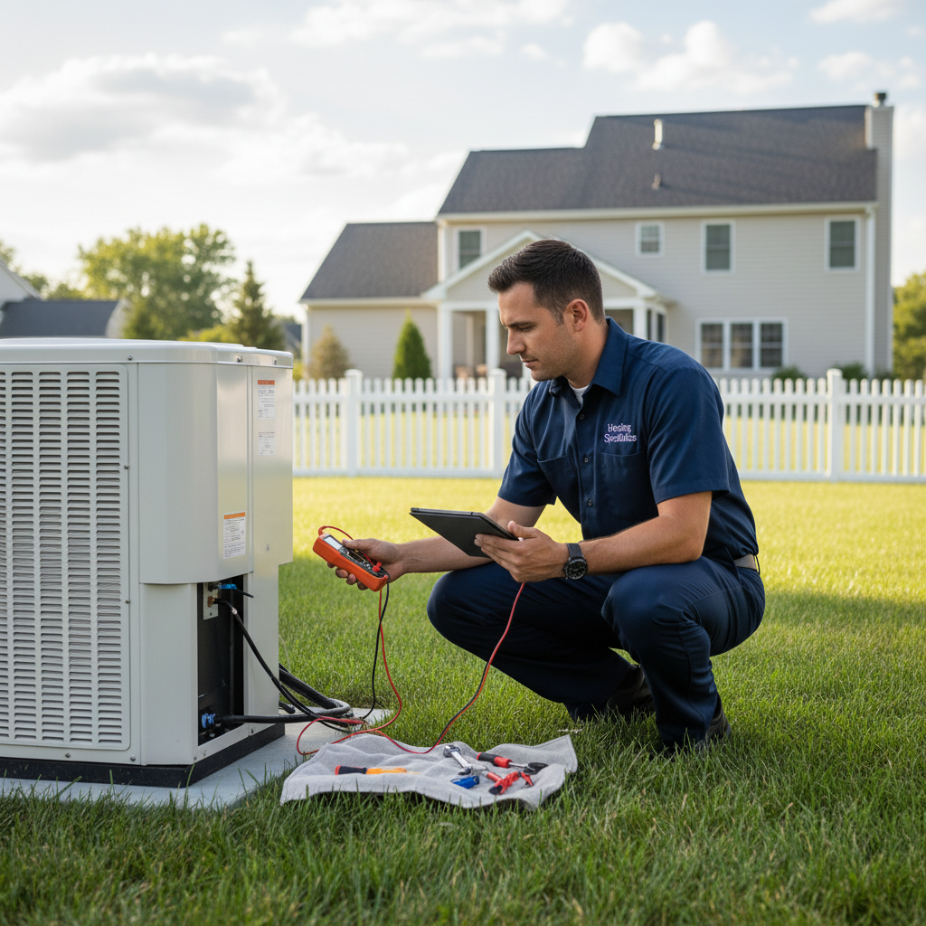 Skilled Heating Specialties technician inspecting an outdoor AC unit in Gloucester County, South Jersey.