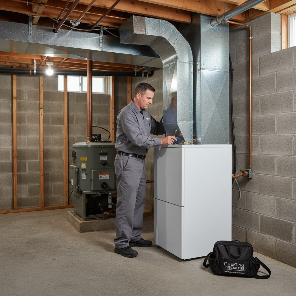 Skilled Heating Specialties technician installing a new furnace in a Cumberland County, NJ basement.