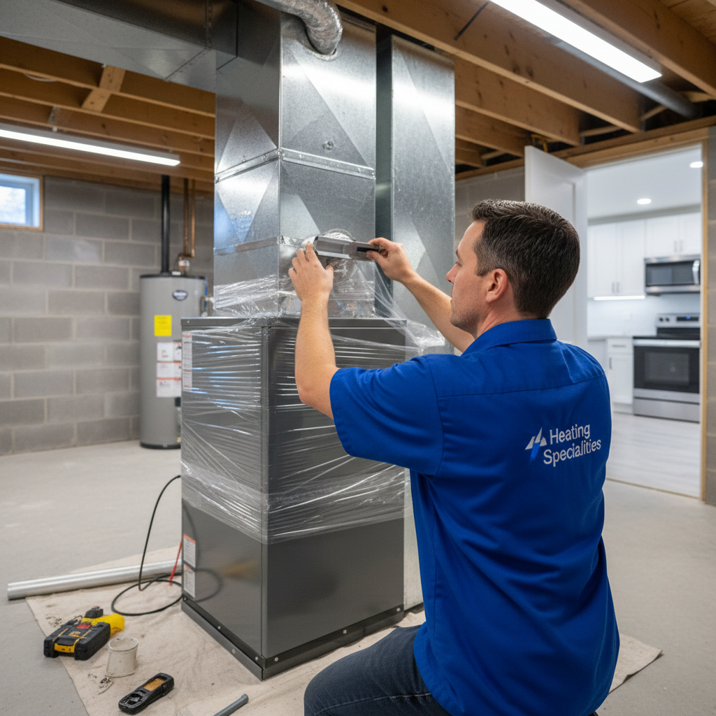 Skilled Heating Specialties technician installing a new furnace in a South Jersey residence, covering Cumberland, Atlantic, Gloucester, Cape May, and Salem counties.